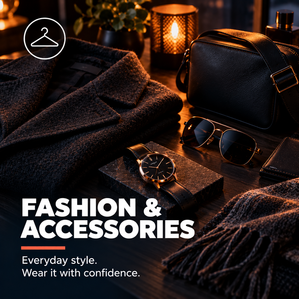 Fashion & Accessories - coat, watch and sunglasses flat lay