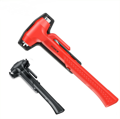 Red car safety hammer with seat belt cutter