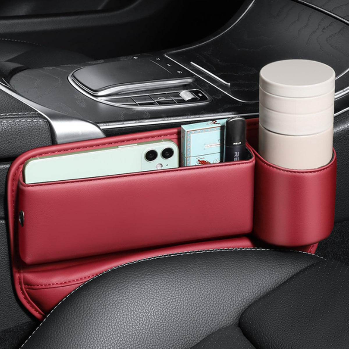 Car seat gap organizer with cup holder
