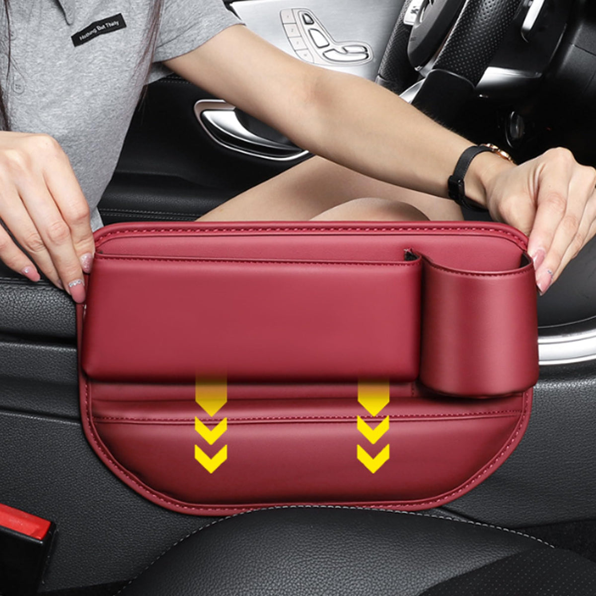 Car seat gap organizer with cup holder