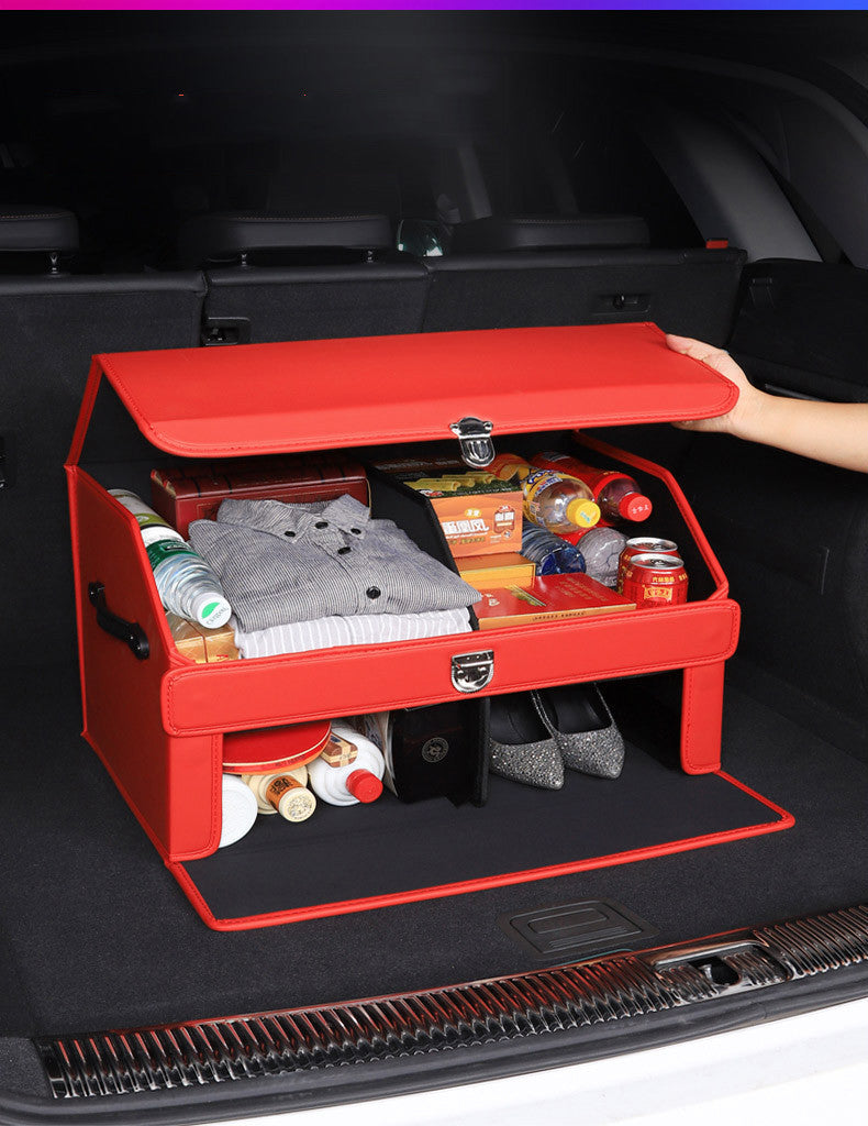 Red trunk organizer filled with items